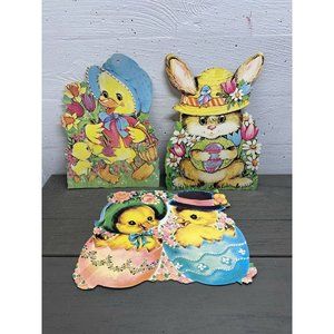 Lot Of 3 Vtg Cardboard Die Cut Easter Decor Bunnies & Ducklings Dual Sided USA